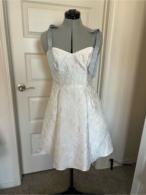 Ivory Floral Embroidered A-Line Wedding Dress with Blue Tie Straps